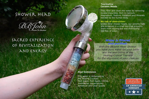 Hand holding Healing Crystals Shower Head With 7 Natural Gemstones For Water Purification And PH Balance Red Jasper And Red Agate Citrine