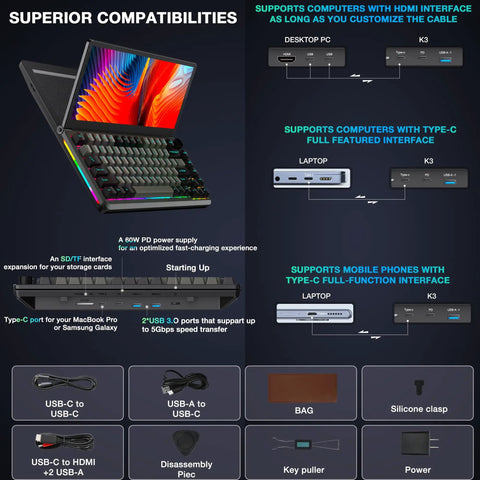 Dope 82 Key Mechanical Keyboard Featuring A Massive 13 Inch Foldable Touchscreen Monitor showcasing desktop and laptop connectivity options.
