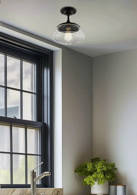 Summit 12 Inch Modern Industrial Farmhouse Semi Flush Mount Ceiling Light with Schoolhouse Glass Shade in Matte Black Finish in kitchen