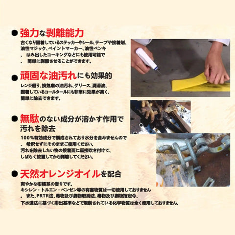 Japanese text next to images of hands using Contractor Solvent Citrus Scent 12 Oz Bottle to clean yellow and metal surfaces.