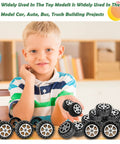 Child playing with 64 Piece Toy Wheels And Axles Set For DIY Model Car Building Projects Durable Plastic Car Tires With Axles Great For Hobbyists And School Projects Realistic Sized Wheels At 4.2 Cm Outer Diameter And 10 Cm Axles