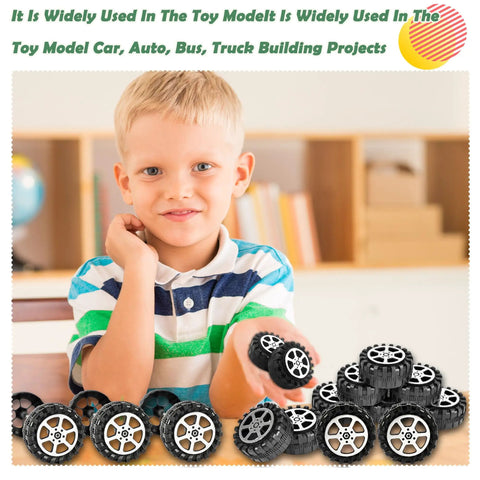 Child playing with 64 Piece Toy Wheels And Axles Set For DIY Model Car Building Projects Durable Plastic Car Tires With Axles Great For Hobbyists And School Projects Realistic Sized Wheels At 4.2 Cm Outer Diameter And 10 Cm Axles