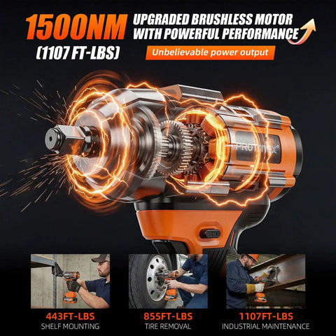 Badass Heavy 1500Nm Cordless Impact Wrench With Massive Torque And Brushless Motor Beast Includes Two 4Ah 21V Batteries, showing power output.
