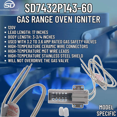 Gas Range Oven Igniter Replacement 120V WP7432P143-60 with ceramic wire connectors and MGT leads visible