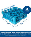 OptiClean NeWave 20-Compartment Glass Rack With 2 Extenders, Polypropylene, 19.8x19.8x7in, blue, illustrated dimensions.