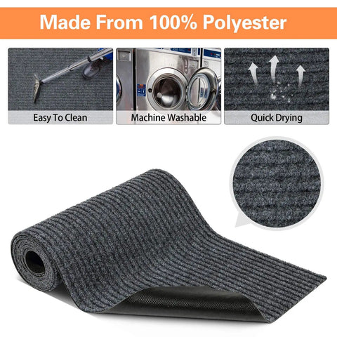 Cut To Fit Waterproof Door Mat Roll With Rubber Lining For Indoor Outdoor Use In Wet Weather Great For Entryway Kitchen Bathroom Garage DIY Projects 24 By 197 Inches Gray showing polyester material, easy cleaning, machine washable, quick drying features