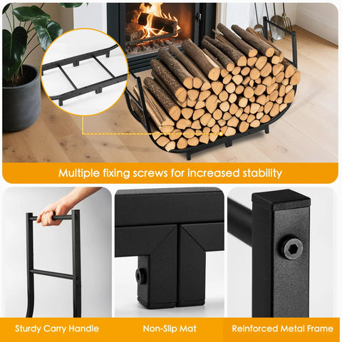40 Inch Heavy Duty Firewood Rack With Cover For Outdoor Use in living room, logs stacked on rustproof metal holder near fireplace