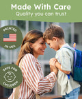 Mother and son smiling with a backpack, showcasing Personalized Name Labels For Kids Featuring Waterproof Custom Stickers.