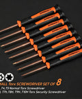 8-In-1 Small Torx Screwdriver Set With T3 Through T10 Security Bits displayed in a row with black and orange handles on black background