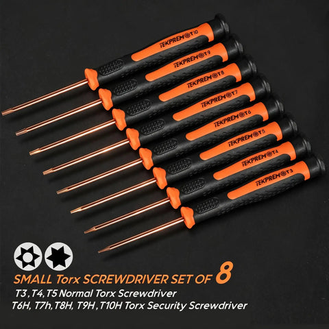 8-In-1 Small Torx Screwdriver Set With T3 Through T10 Security Bits displayed in a row with black and orange handles on black background