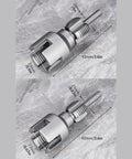 Versatile Pipe Threading Tool For PVC And Plastic Pipes One Half Inch And Three Quarter Inch Rethreader That Plays Nice With Electric Drills Internal And External Threading Durable Plastic Build For Quick Home Plumbing DIYs, showing product dimensions in millimeters and inches on a gray surface.