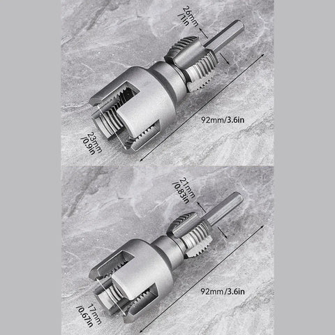 Versatile Pipe Threading Tool For PVC And Plastic Pipes One Half Inch And Three Quarter Inch Rethreader That Plays Nice With Electric Drills Internal And External Threading Durable Plastic Build For Quick Home Plumbing DIYs, showing product dimensions in millimeters and inches on a gray surface.