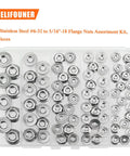 304 Stainless Steel Flange Nuts Assortment Kit 80 Piece Set showcasing various sizes in a clear storage box.