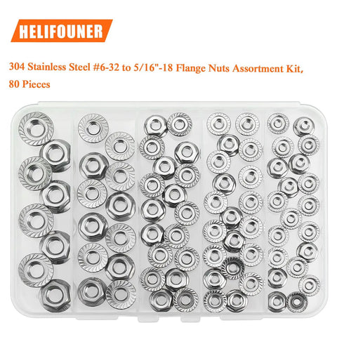 304 Stainless Steel Flange Nuts Assortment Kit 80 Piece Set showcasing various sizes in a clear storage box.