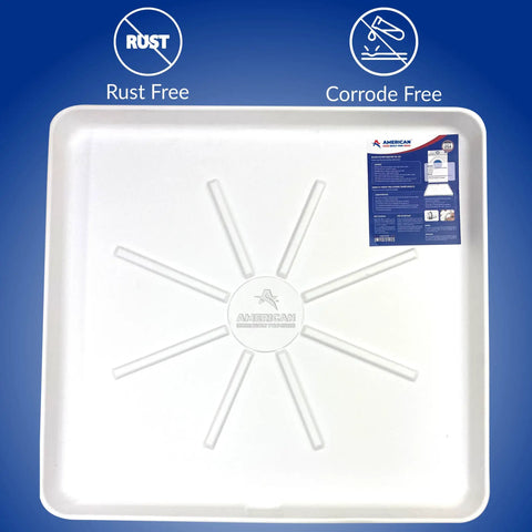 Top view of Durable Undrilled Washing Machine Drain Pan Tray With Included One Inch Drain Fitting For Washer And Dryer Floor Protection