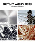 Image showing metal-carbon steel, aluminum, stainless steel, and copper materials with text 'Premium Quality Blade'