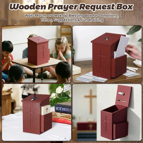 Built Tough Wooden Donation Box Keeps Church Offerings And Prayer Notes Totally Secure With Dual Keys And Smooth Hinged Lid Featuring Dark Mahogany Finish And Easy Mounting On Counters Or Walls.