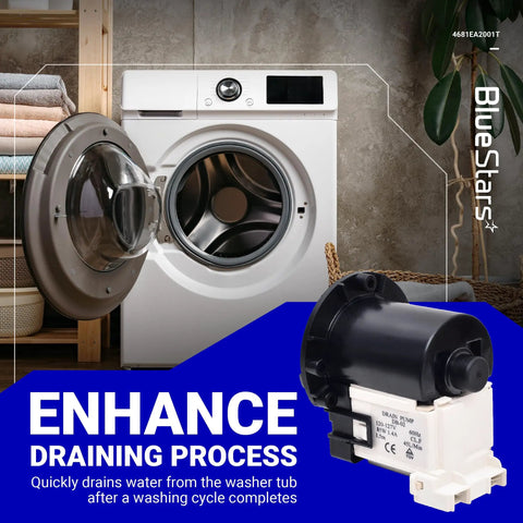 Plug And Play Drain Pump 4681EA2001T For LG Washers Like WM3170CW with washing machine in background