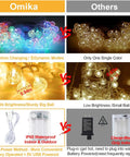 Comparison of Battery Operated String Lights With 24 Color Changing Modes, highlighting differences in brightness and size.