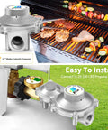 Heavy-duty two-stage propane regulator for RVs with gauge, suitable for 20-100 lb tanks, easy to install for outdoor grilling and camping.