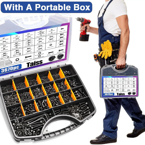Kick Ass 3670 Pieces Metric Bolt Assortment Kit Featuring Tough As Nails Grade 12.9 Steel Socket Head Screws Plus Flat And Lock Washers Stored Neatly In A Rock Solid Portable Toolbox For Any Daily Grind Job.