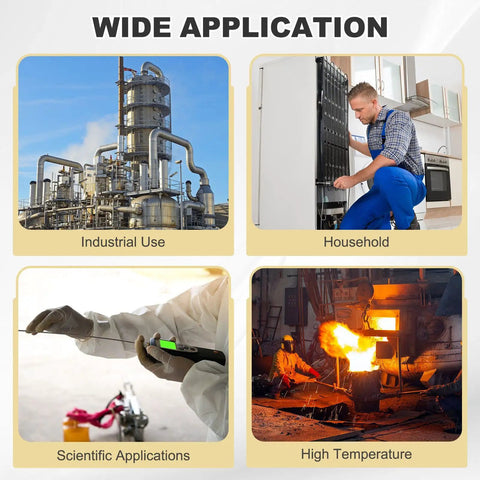 Collage of industrial, household, scientific, and high-temperature applications for PT100 RTD Temperature Sensor Probe