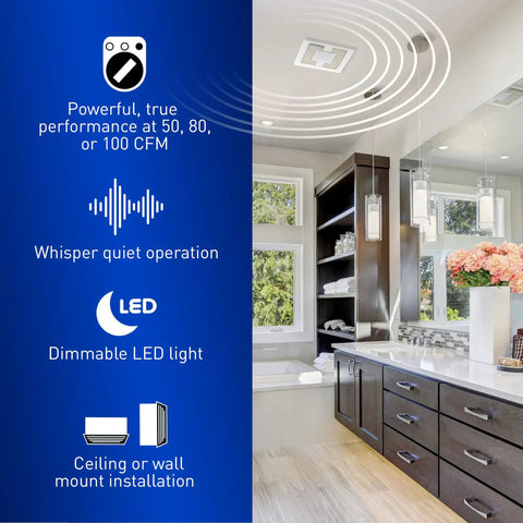 Whisper Quiet DC Bathroom Vent Fan With Dimmable 3000K LED Light And SmartFlow Technology mounted on modern bathroom ceiling