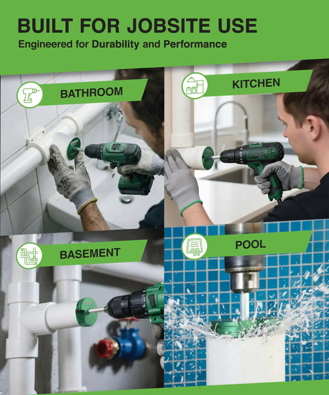 Pro Grade Heavy Duty PVC Pipe Reamer Kit For DIYers And Pros in use for various plumbing tasks in bathroom, kitchen, basement, and pool.