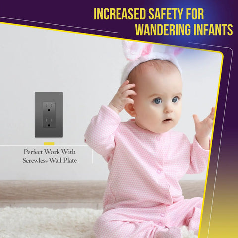 Baby near Decorator Receptacle With Kid Safe Tamper Resistant Design Self Grounding 15A 125V Wall Outlet Residential Grade 3 Pole 3 Wire UL Listed Space Gray 10 Pack Smooth Metallic Finish For Easy Install In Modern Homes