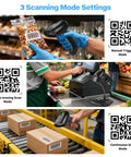 All In One 1D And 2D Barcode Scanner with Bluetooth USB Wired and 2.4G Wireless 3 in 1 QR PDF417 Data Matrix Handheld Reader showcasing scanning modes in retail and logistics settings.