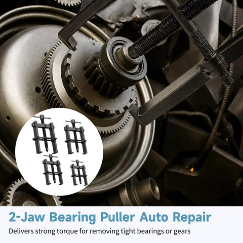 Heavy Duty 4 Pc 2 Jaw Bearing Puller Gear Kit With 2 3 4 6 Inch Sizes Made From Heat Treated Carbon Steel For Auto Repair Moto Wheels Shop Pulling Stuck Parts Easy No Hassle Using Pro Mechanic Tools To Handle Job With Ease Every Time Right Now. 2-jaw bearing puller on gear hub