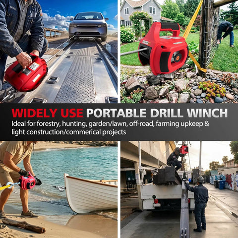 Beefy Drill Powered Portable Winch 1000 Lbs With 40 Foot Alloy Steel Wire Rope For Vehicle Recovery And Trailer Dragging Handheld Drill Winch For Easy Off Road Pulls, red portable drill winch in use