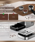Premium Stainless Steel Espresso Machine 20 Bar With Touch Screen And Steam Wand Milk Frother For Cold Brew And Hot Iced Coffee layout showing filter and drip tray.
