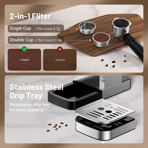 Premium Stainless Steel Espresso Machine 20 Bar With Touch Screen And Steam Wand Milk Frother For Cold Brew And Hot Iced Coffee layout showing filter and drip tray.