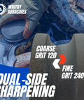 Gloved hand holding 4 Inch Dual Grit Pro Grade Axe And Hatchet Sharpener Silicon Carbide Stone with 120 and 240 grit surfaces.