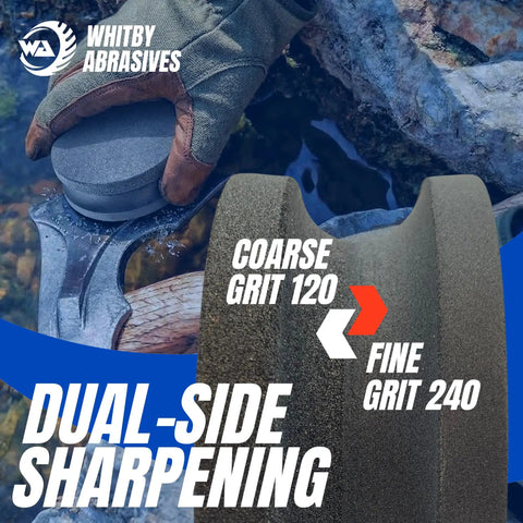 Gloved hand holding 4 Inch Dual Grit Pro Grade Axe And Hatchet Sharpener Silicon Carbide Stone with 120 and 240 grit surfaces.