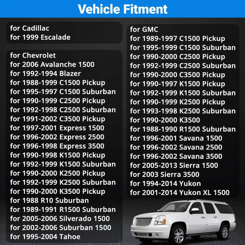 Vehicle fitment chart for 24 Pcs Lug Nut Covers Wheel Center Caps Set Fits Cadillac Escalade Chevrolet Avalanche Tahoe GMC Savana Yukon And Express Vans For A Clean OEM Look On C1500 C2500 C3500 From 1990s To 2000s.