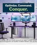 Top Tier Curved Electric Standing Desk With Quiet Dual Motors, Ultimate Triple Monitor Gaming Command Center And Smooth Height Adjustment In Fresh Black Slate.