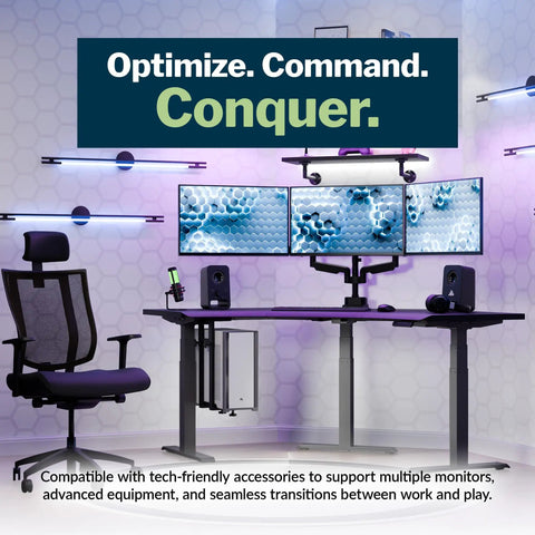 Top Tier Curved Electric Standing Desk With Quiet Dual Motors, Ultimate Triple Monitor Gaming Command Center And Smooth Height Adjustment In Fresh Black Slate.