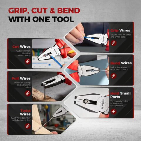 1000V Insulated Lineman Pliers, 6 Inch, VDE Certified Combination Pliers For Electrical Wiring, Cr-V Steel With Non-Slip Grips, Heavy Duty Pliers For Electricians, Safe, Reliable, All-Purpose Workhorse shown gripping, cutting, bending, twisting wires and holding small parts