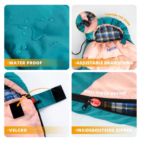 Roomy 32F Sleeping Bag For Adults Kids And Teens All Season Camping Gear For Winter Cold Weather, waterproof material, drawstring, zipper