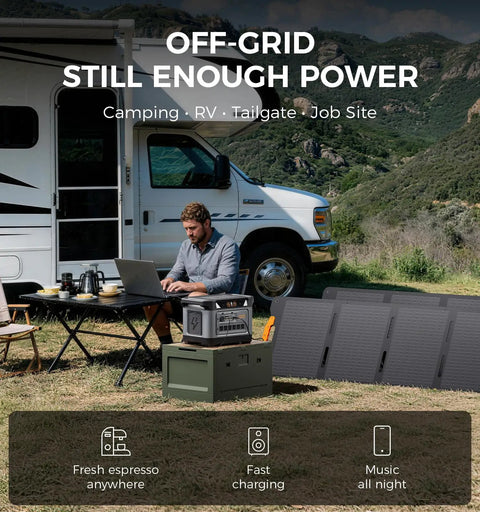 Man using laptop with S1000 Pro Portable Power Station next to RV, showcasing solar panels and power station.