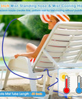 60 Inch Outdoor Misting System cooling a patio with flexible hose, aluminum shell, used on a lounge chair.