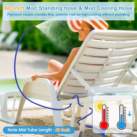 60 Inch Outdoor Misting System cooling a patio with flexible hose, aluminum shell, used on a lounge chair.