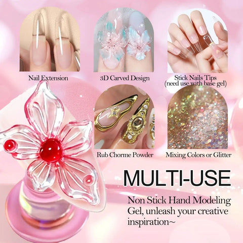 3D Gel For Nail Art Builder Kit All In One with nail extension, 3D carved design, chrome powder, glitter display, and floral decor