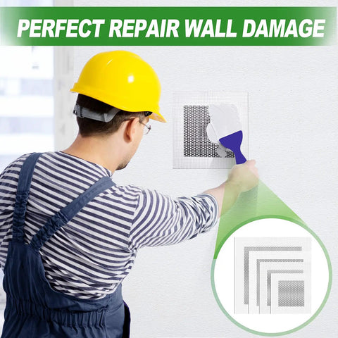 Person using Drywall Repair Kit With Aluminum Patch Set For Quick Hole Fix, 13 Piece Wall Patch Kit on plaster wall.