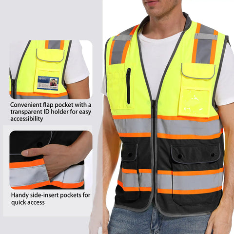 High Visibility Reflective Safety Vest For Men And Women With Dual Tone Yellow And Black Strips For Construction And Night Time Work Wear Large Size includes ID holder and pockets