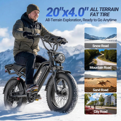 Rider on All Terrain 1500W Electric Fat Tire Bike For Adults with 20-inch wheels, snow and trail scenes in background