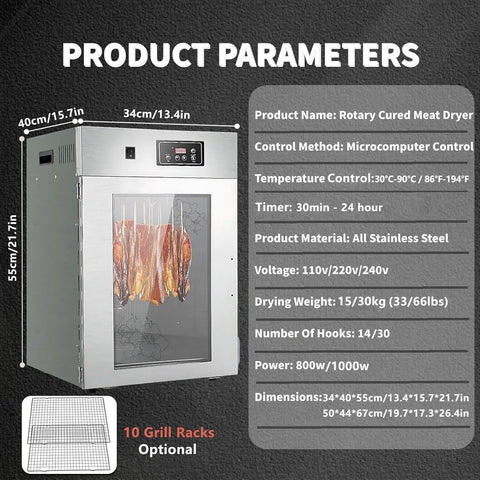 High Capacity Commercial Food Dehydrator With Stainless Steel Frame And 800 Watt Heater For Smoking Meat Jerky Drying Fruits And Vegetables Featuring Digital Timer And Even Heat Up To 195 Deg F For No Sweat Setup And Serious Smoke Sessions.