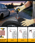Kickstart Any Ride Smooth Today With This 6000A Auto Battery Booster And Dual Cylinder Tire Inflator shows tire repair steps with tools in use outdoors.